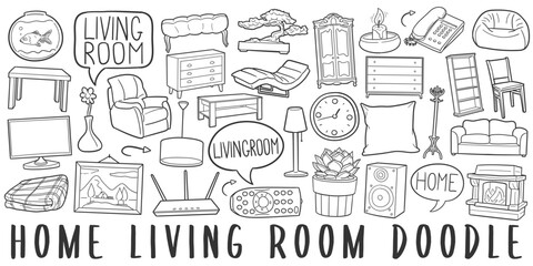 Living Room Doodle Icons. Hand Made Line Art. Home and House Clipart Logotype Symbol Design.