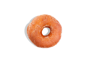 Delicious traditional donut with sugar and cinnamon isolated on blue background. Modern food concept. Advertising for pastry shops, cafes.	
