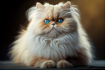 A Persian cat with bright cream hair and bright blue eyes. Created with Generative AI technology