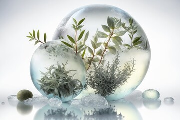Balls of ice with frozen plants melt over a background of wet off white water. Herbs like thyme, oregano, and rosemary. Greenery encased in ice and frozen solid. Natural light with no artificial light