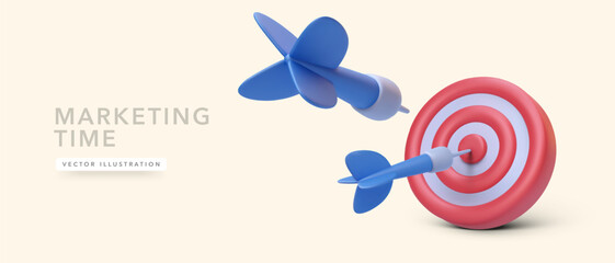 Realistic 3d design red target and blue arrows isolated on light background. Vector illustration