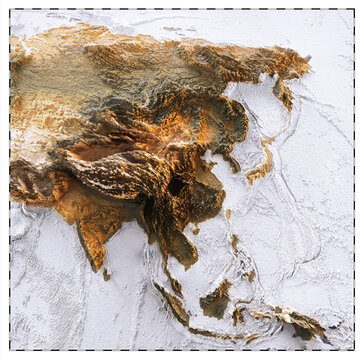 3D World map of the Asia. Exaggerated Asia topography relief. China, India, Indonesia, Japan, Philippines, Russia three dimensional continent surface model. Detailed physical map, geography template