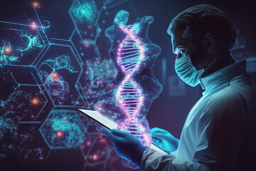 Doctor using tablet and check with analysis chromosome DNA genetic of human on virtual interface.Generative ai