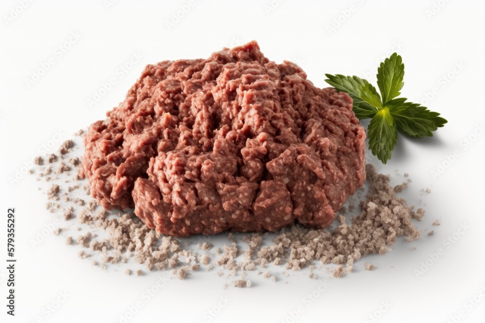 Poster lean ground meat, freshly prepared, on a white background. generative ai