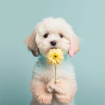 Spring animal creative concept of a cute baby puppy dog holding a fresh spring flower on a pastel background. Generative AI.