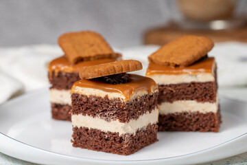 Small dessert cakes. Caramel petit four on a white plates in dark background. Biscuit french petit four cake. Close up