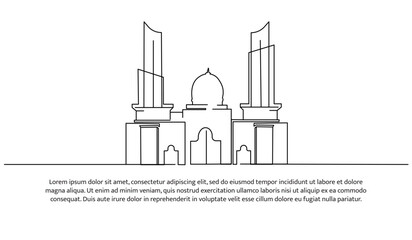 Continuous line design of modern mosque. Future building design concept. Decorative elements drawn on a white background.