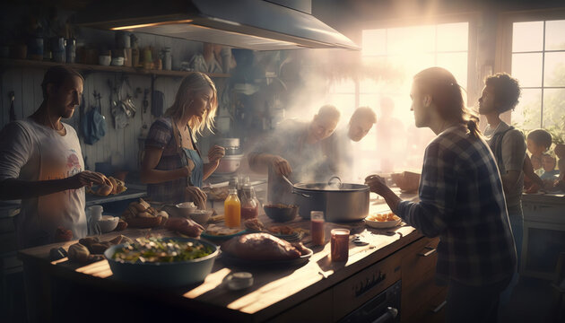 People cooking and eating together, sharing dishes, stories, and laughter around a kitchen table or outdoor barbecue