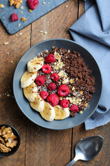 Chocolate Couscous with Raspberry and Banana Topping, Healthy Snack, Bowl, Breakfast
