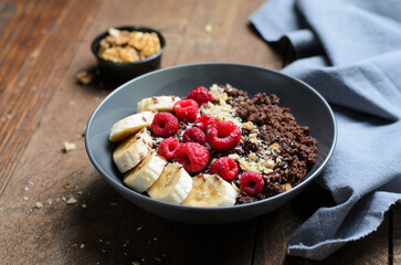 Chocolate Couscous with Raspberry and Banana Topping, Healthy Snack, Bowl, Breakfast