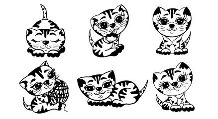 A collection of cute tabby kittens in black and white, a set of six striped cats in various poses, cat icons set