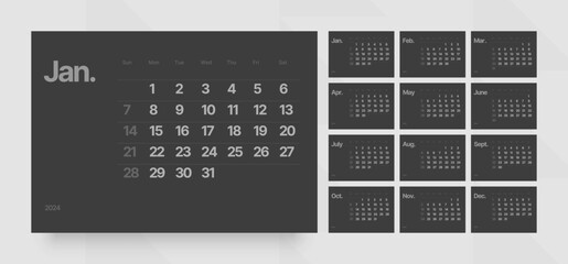 Monthly calendar template for 2024 year. Horizontal calendar grid in black and dark color. Week Starts on Sunday. 