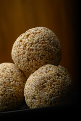 Amaranth laddu or Rajgira laddoo made using royal grain also called cholai spherical sweet balls