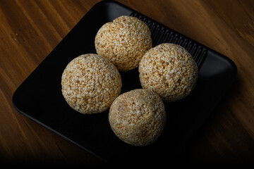 Amaranth laddu or Rajgira laddoo made using royal grain also called cholai spherical sweet balls