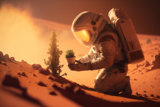 An astronaut plants a potted plant on Mars. AI generative.