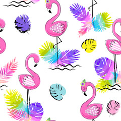 Fashion tropics funny wallpapers. Seamless pattern with leaf and flamingo on white background 