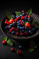 Luxurious Frutti  Delight , Berries in a bowl on a Black Stone Platter. Generative AI
