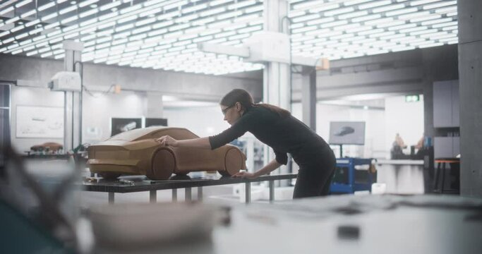 Female Car Modeler Enjoying Creative Work Process on a Concept Car Made Out of Plasticine Modeling Clay. Successful Designer Using Spatula to Smooth the Prototype Model of a Modern Electric Vehicle
