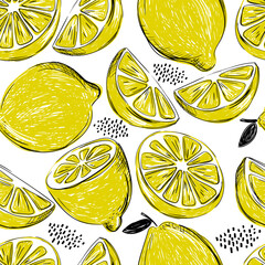 Seamless vector pattern with yellow lemon. Hand drawing print.  Fruit mix design for fabric and decor 