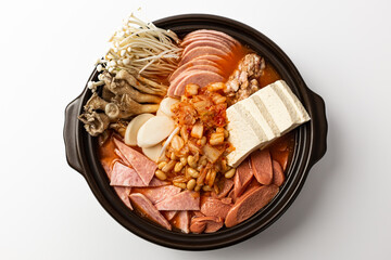 Korean Army Stew on white background
