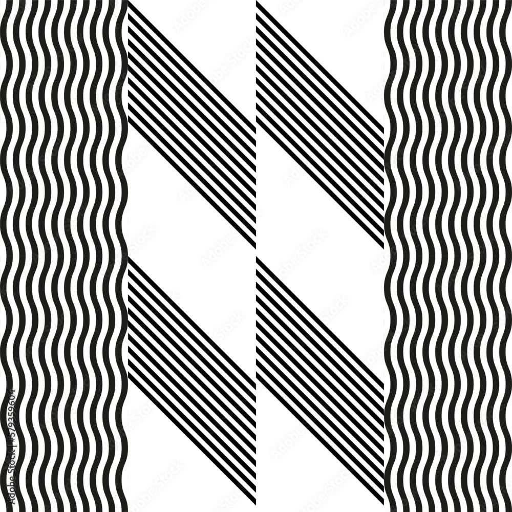 Fototapete Modern abstract geometric contemporary vector seamless diagonal pattern with simple elements and shapes. Graphic black and white minimalist background.