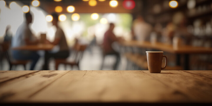 An empty wooden counter table top for product display in a coffee shop or bar. Generative ai