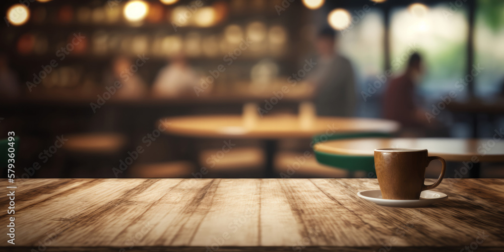 Poster an empty wooden counter table top for product display in a coffee shop or bar. generative ai