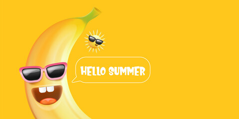 Hello summer horizontal banner with cartoon sun and funky banana character isolated on summer orange background. Vector 3d horizontal hello summer scene, poster, flyer, banner and background