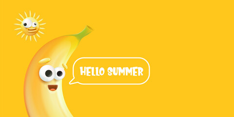 Hello summer horizontal banner with cartoon sun and funky banana character isolated on summer orange background. Vector 3d horizontal hello summer scene, poster, flyer, banner and background