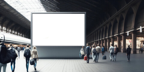 An empty blank billboard or advertising poster in a train station with blurred people. Generative ai - obrazy, fototapety, plakaty