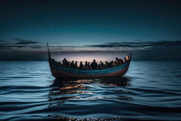 crowd of migrants and refugees on boat at night. illegal inmigration. generative ai - obrazy, fototapety, plakaty