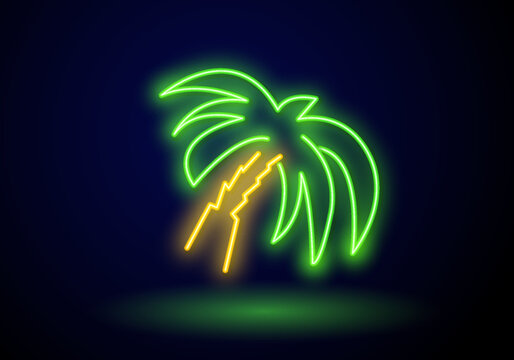 Palm leaves. Glowing sign of coconut palm exotic leaves. Neon tropical palms
