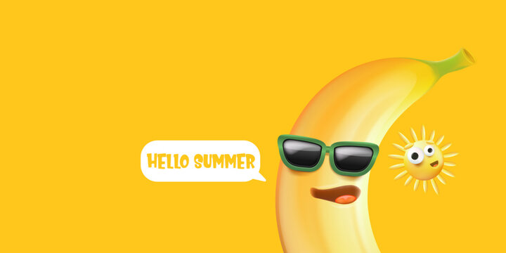 Hello summer horizontal banner with cartoon sun and funky banana character isolated on summer orange background. Vector 3d horizontal hello summer scene, poster, flyer, banner and background