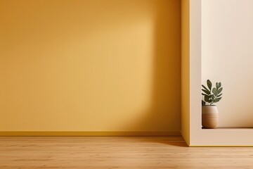 Fototapeta na wymiar Empty Room with Yellow Walls and Wooden Floor Mockup