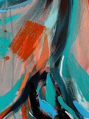 Texture: brush strokes of acrylic paint. Jaw shape. Turquoise, orange, pink, gray, white, blue, black, pastel colors. Abstract painting pattern wallpaper background	