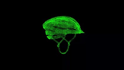 3D bicycle helmet rotates on black bg. Object dissolved green flickering particles 60 FPS. Business advertising backdrop. Science concept. For title, text, presentation. 3D animation