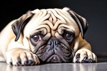 Obraz premium Cute Beautiful Sad Pug Dog Portrait Close Up. Generative ai