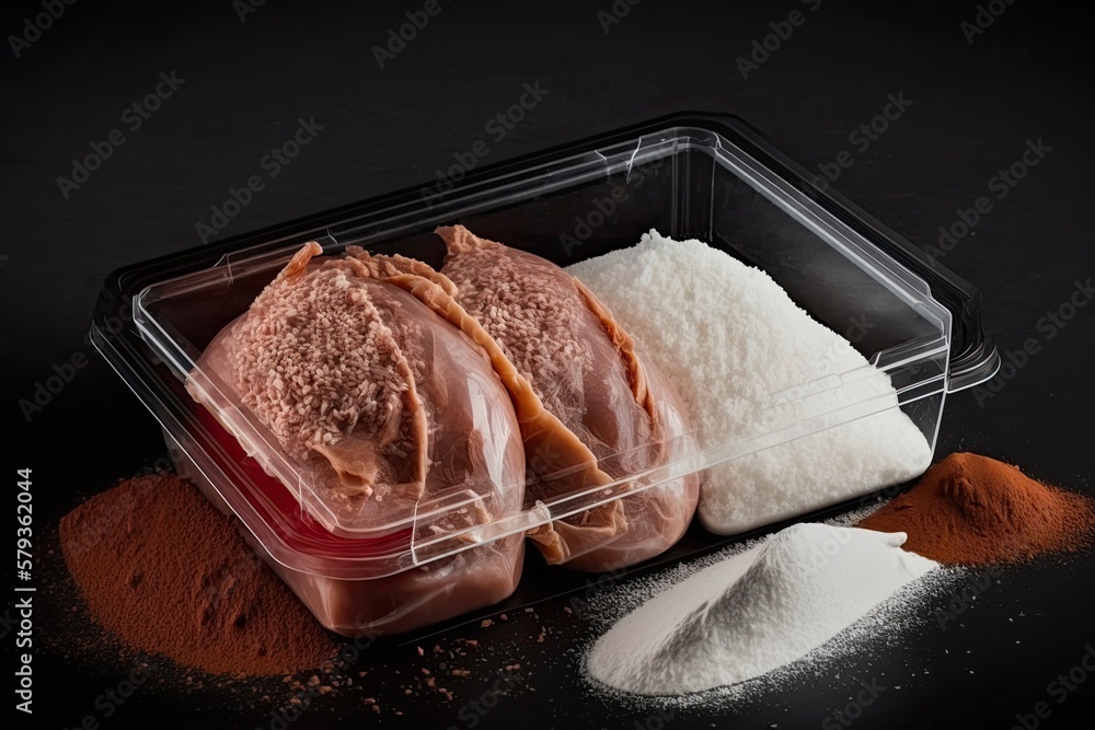 Sticker Raw chicken and ground meat stored in clear, resealable plastic trays. The concept of food delivery. All black backdrop. Concentration only on certain aspects. Generative AI