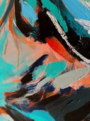 Texture: brush strokes of acrylic paint. Turquoise, blue, black, orange, white, gray, pastel colors. Painting. Abstract pattern wallpaper background	