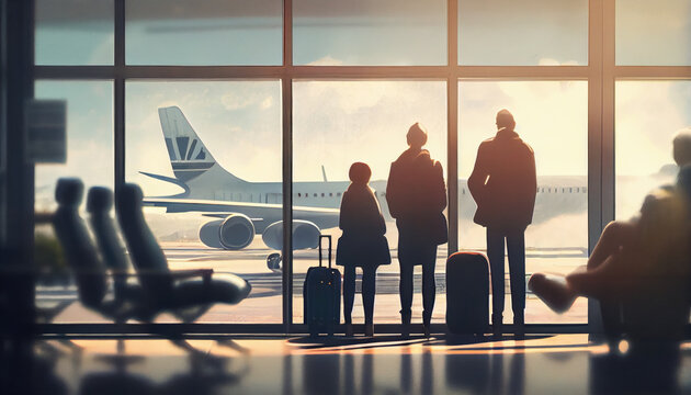 Waiting area with seats in airport terminal. Generative AI