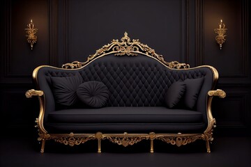 Black gold sofa with a vintage feel against black walls. Generative AI, Generative, AI