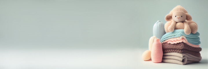 Banner with stack of folded wool knitted baby clothes or blankets. Generative AI. Warm cozy clothes.