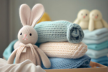 Stack of folded wool knitted baby clothes or blankets and knitted rabbit. Generative AI. Warm cozy clothes.