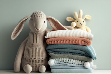 Stack of folded wool knitted baby clothes or blankets and knitted rabbit. Generative AI. Warm cozy clothes.