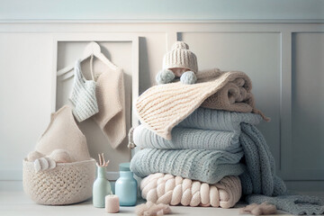 Stack of folded wool knitted baby clothes or blankets. Generative AI. Warm cozy clothes.