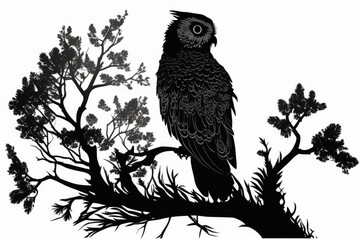 2D flat black silhouette of an owl on a tree, isolated on a white background. Generative AI