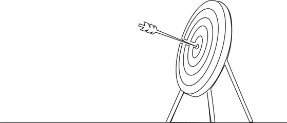 continuous single line drawing of archery target with arrow in middle, line art vector illustration - obrazy, fototapety, plakaty