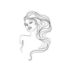 Woman with long hair abstract portrait, continuous line drawing, beautiful girl is single line on white background, isolated vector illustration. Tattoo, print and logo design for spa or beauty salon.