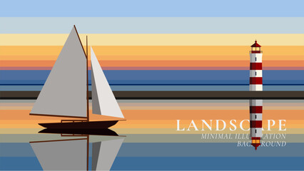 sailboat passes by a lighthouse minimal landscape vector illustration background