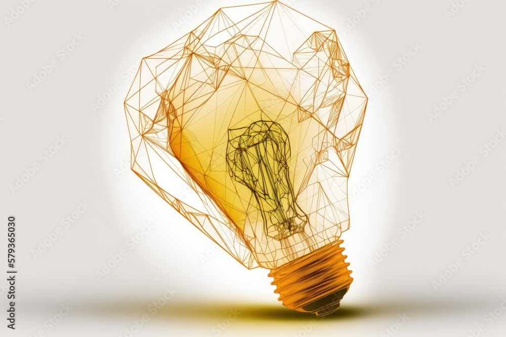 Poster low poly wire frame of a lightbulb, made digitally, on a white background. the geometry of a triangl